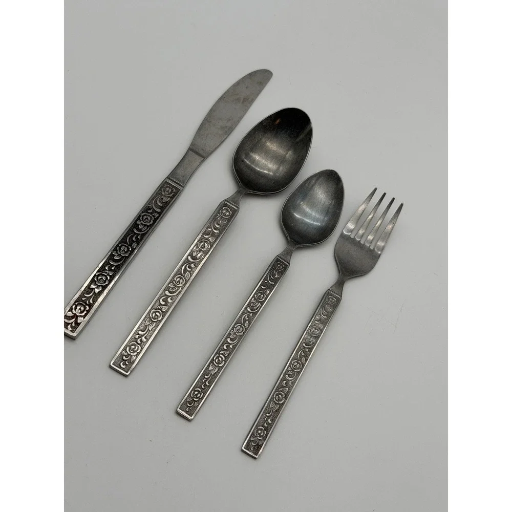 National Stainless Japan Rose Floral Flatware Set 4pc Vintage Silverware MCM